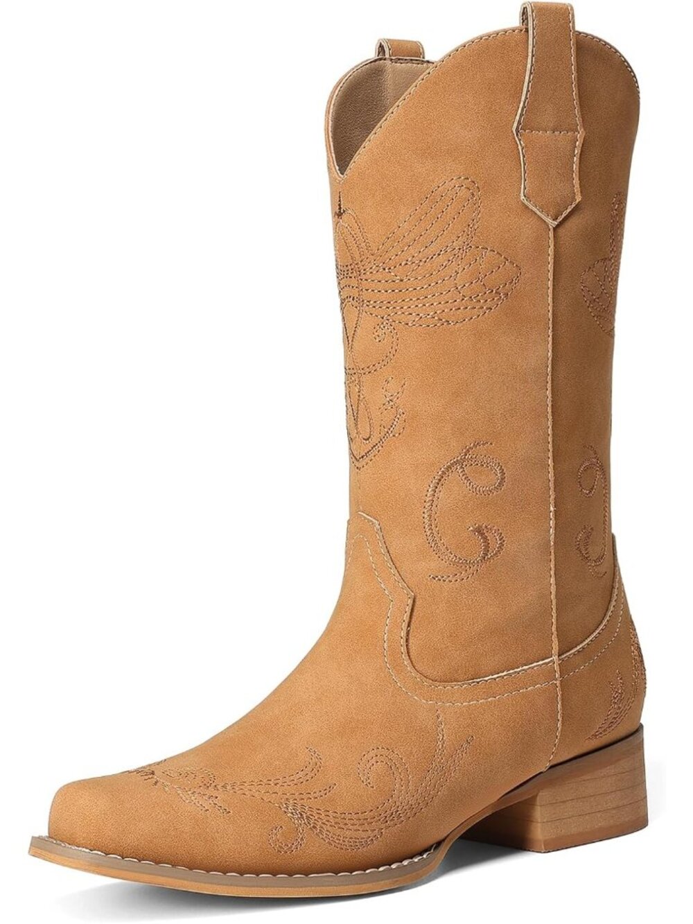 Women’s Camel Mid Calf Cowboy Boots Embroidered Stitched Square Toe Western Boot